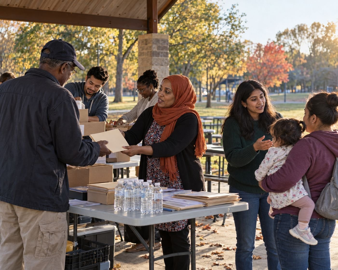 Volunteers at an outdoor community resource day hand out folders and talk with neighbors, including a mother holding her toddler, under a park pavilion in autumn.